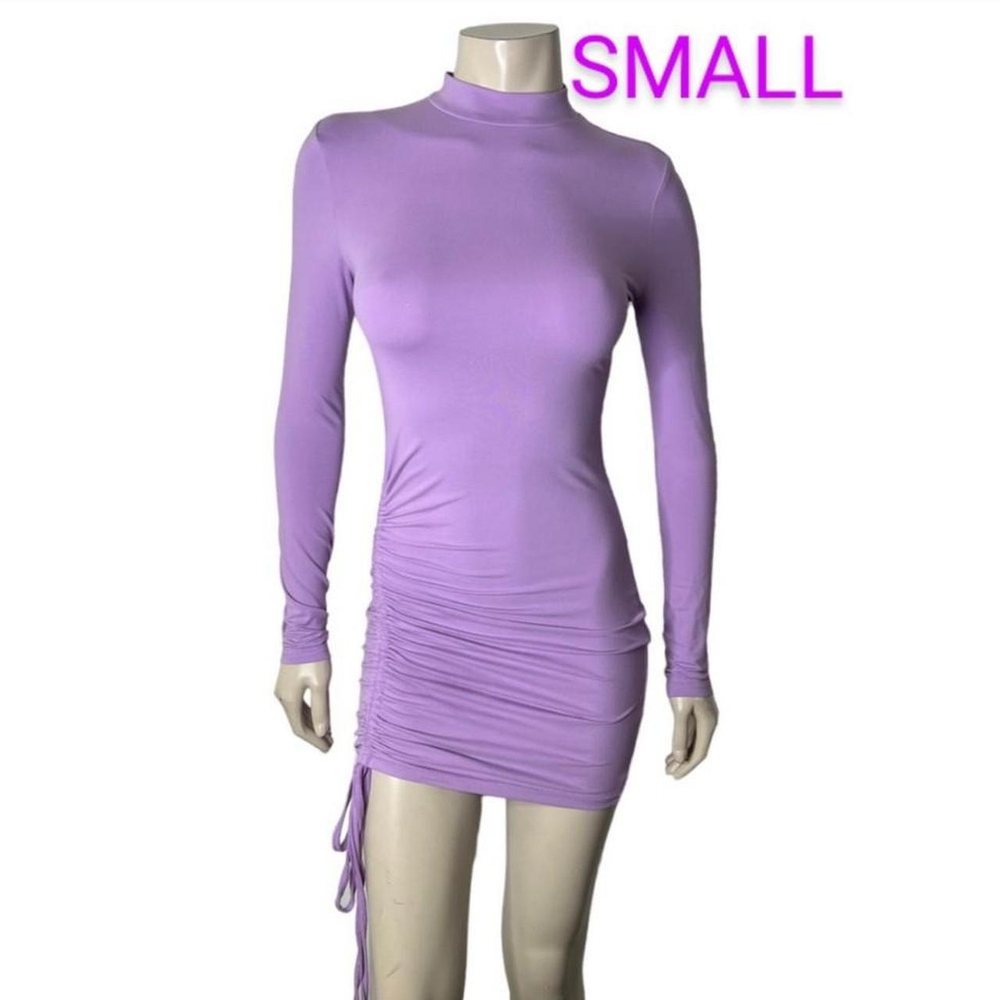 🆕Lavender Purple Soft Long Sleeve Mock Neck Side Ruched Tie Mini Dress~Size S